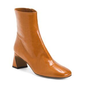 ANA PALMA Cognac Made In Spain Patent Leather Booties With Wrapped Heel